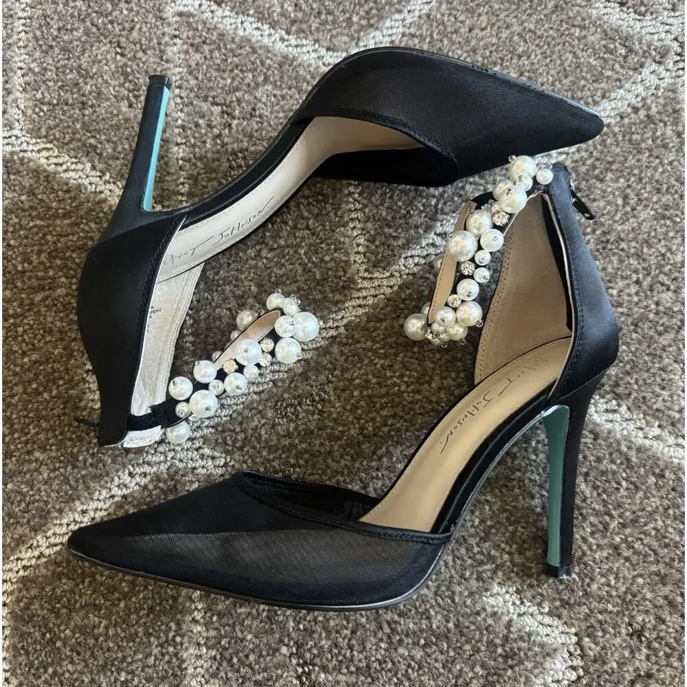 Betsey Johnson SB Ellah Pearl Crystal Embellished Mesh High Heels Pointed Toe 8